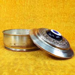 VINTAGE NAZAR BONCUKLU GÜMÜŞ KAPLAMA KAPAKLI YUVARLAK BAKIR KUTU ÇANAK