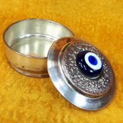 VINTAGE NAZAR BONCUKLU GÜMÜŞ KAPLAMA KAPAKLI YUVARLAK BAKIR KUTU ÇANAK