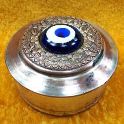 VINTAGE NAZAR BONCUKLU GÜMÜŞ KAPLAMA KAPAKLI YUVARLAK BAKIR KUTU ÇANAK
