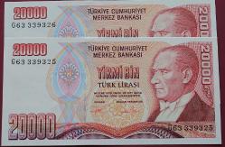 7.emisyon 2. Tertip G Serisi 20 000 Bin Lira G76 216838 - 39  Seri Takipli  Çil