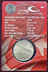 1999 Türkiye Cumhuriyeti 75. Yılı 100.000  Lira FAO Özel Folderinde Çil