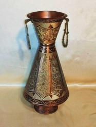 Antika - 15308-Bakır üzeri el dövme işlemeli pirinç saplı vazo - kitantik - kitaLog