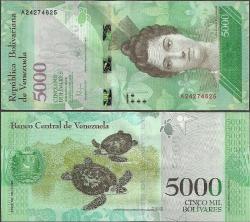 VENEZUELA 5000 BOLİVAR 2016 AZ ÇIKAN GENİŞ GÜVENLİK ŞERİTLİ ESKİ TARİHLİ TİP. ÇİL.