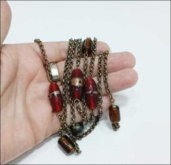 Vintage 1980 ler Bakır Rengi Zincir ve Lampwork Cam Taşlı Kolye  (91)