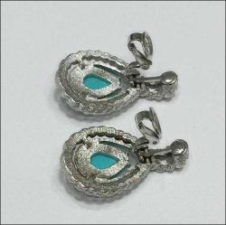 Vintage AVON Gümüş Ton Metal ve Turkuaz İmitasyonu Mavi Damla Taşlı Klipsli Küpeler  (91)