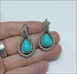 Vintage AVON Gümüş Ton Metal ve Turkuaz İmitasyonu Mavi Damla Taşlı Klipsli Küpeler  (91)