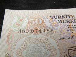 6.EMİSYON 1.TERTİP 50 TL TÜRK LİRASI H83 O74766 SERİ NUMARALI KAĞIT PARA ÇİL ALTI  860