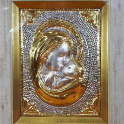VINTAGE 900 AYAR GÜMÜŞ ÜZERİNE ALTIN KAPLAMA DEKORLU , KABARTMA TASVİRLİ MADONNA HRİSTİYAN DİNİ TABLO İKONA