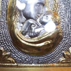 VINTAGE 900 AYAR GÜMÜŞ ÜZERİNE ALTIN KAPLAMA DEKORLU , KABARTMA TASVİRLİ MADONNA HRİSTİYAN DİNİ TABLO İKONA