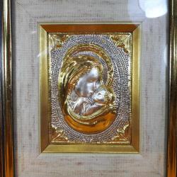 VINTAGE 900 AYAR GÜMÜŞ ÜZERİNE ALTIN KAPLAMA DEKORLU , KABARTMA TASVİRLİ MADONNA HRİSTİYAN DİNİ TABLO İKONA