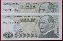 7. Emisyon 1 Tertip 10 Lira A61 769767 - 68  Seri Takipli Çil