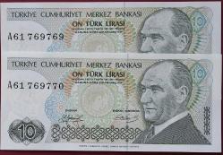 7. Emisyon 1 Tertip 10 Lira A61 769769 - 70  Seri Takipli Çil