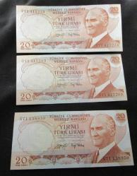 PARA 6.EMİSYON 3.TERTİP 20 LİRA 3 LÜ SET ÇİL KONDİSYONDA 861