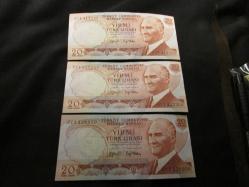 PARA 6.EMİSYON 3.TERTİP 20 LİRA 3 LÜ SET ÇİL KONDİSYONDA 861