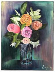 Songül İmzalı Kristal Vazoda Çiçekler | 45x60 cm Ebadında Akrilik Boya Kanvas Tablo