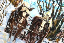 Kış Mevsiminde Arabaya Koşulu Atlar Temalı | 41x60 cm Ebadında Akrilik Boya Kanvas Tablo
