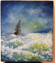 İ. Güneri İmzalı Yelkenli Gemi Temalı | 31x36 cm Ebadında Akrilik Boya Ahşap Üzeri Tablo