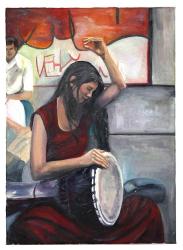 Gülten İmzalı Djembe Çalan Kadın | 50x70 cm Ebadında Akrilik Boya Kanvas Tablo