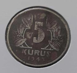 1943 YILI ORİJİNAL 5 KURUŞ MADENİ NİKEL C1D2R3 NADİR