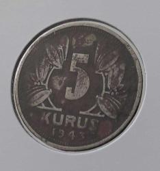 1943 YILI ORİJİNAL 5 KURUŞ MADENİ NİKEL C1D2R3 NADİR