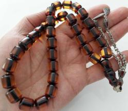 MALZEMESİ OSMANLI YAPIMI ORTA DÖNEM BİBLODAN YAPILMA SIKMA KEHRİBAR KİREMİT RENGİ HARİKA TESPİH 1AA1RR1 GÜMÜŞ PÜSKÜLLÜ