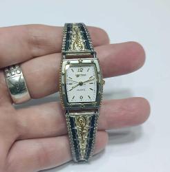 Vintage  MONTANA SİLVERSMİTHS El yapımı Altın ve Gümüş Kakma  Elastik Kayışlı Bayan Kol Saati Amerika   0091