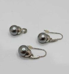 Vintage Gümüş Kaplama N.A  Damgalı Gri İmitasyon İnci Şeffaf Taşlı Küpeler ve Kolye Ucu Set (91)