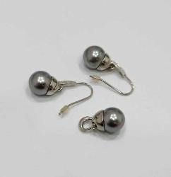 Vintage Gümüş Kaplama N.A  Damgalı Gri İmitasyon İnci Şeffaf Taşlı Küpeler ve Kolye Ucu Set (91)