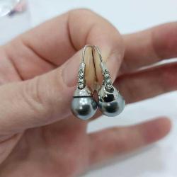 Vintage Gümüş Kaplama N.A  Damgalı Gri İmitasyon İnci Şeffaf Taşlı Küpeler ve Kolye Ucu Set (91)