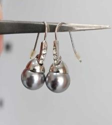 Vintage Gümüş Kaplama N.A  Damgalı Gri İmitasyon İnci Şeffaf Taşlı Küpeler ve Kolye Ucu Set (91)