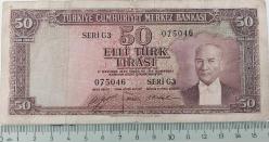 5.EMİSYON 2.TERTİP 50 TÜRK LİRASI SERİ G3 075046 SERİ NUMARALI KAĞIT PARA EN NADİRİ NATÜREL KONDİSYONUNDAKİ KATALOK DEĞERİ;1000 DOLAR ÇOK NADİR
