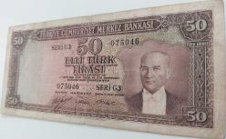 5.EMİSYON 2.TERTİP 50 TÜRK LİRASI SERİ G3 075046 SERİ NUMARALI KAĞIT PARA EN NADİRİ NATÜREL KONDİSYONUNDAKİ KATALOK DEĞERİ;1000 DOLAR ÇOK NADİR