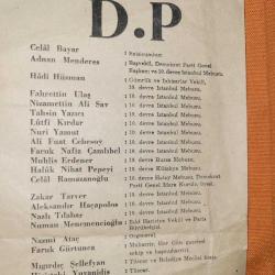 ADNAN MENDERESLİ CELAL BAYARLI DP. LİSTESİ. DÖNEMİNİN EFEMERASI
