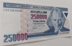 7.EMİSYON 3.TERTİP 250.000 TÜRK LİRASI ORİJİNAL KAĞIT PARA I37883888 GÜZEL NUMARA DESTE ÇİLİ