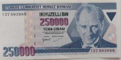 7.EMİSYON 3.TERTİP 250.000 TÜRK LİRASI ORİJİNAL KAĞIT PARA I37883888 GÜZEL NUMARA DESTE ÇİLİ