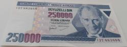 7.EMİSYON 3.TERTİP 250.000 TÜRK LİRASI ORİJİNAL KAĞIT PARA I37883888 GÜZEL NUMARA DESTE ÇİLİ
