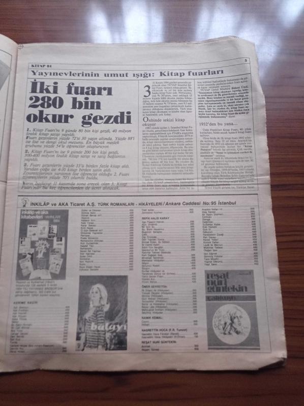 Cumhuriyet Kitap 84 Gazetesi 2 Kasım 1984 Sayı 1 Yakup Kadri  