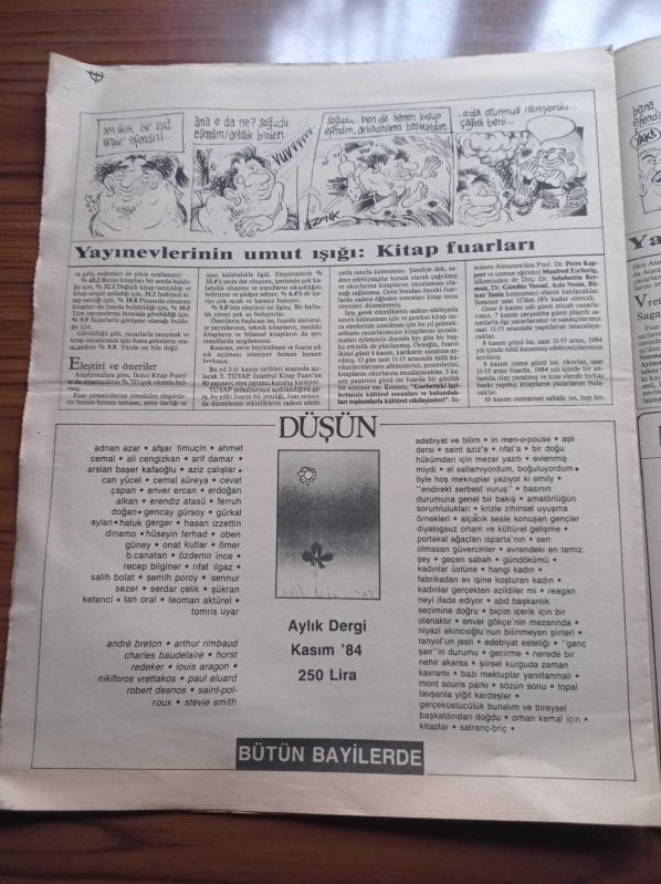 Cumhuriyet Kitap 84 Gazetesi 2 Kasım 1984 Sayı 1 Yakup Kadri  