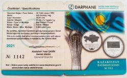 2021 Kazakistan Bağımsızlığının 30. Yılı Hatıra Gümüş Para Sertifikası..