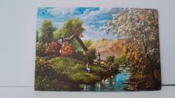 İLBAKAR DOĞA İÇİNDE EV NEHİR VE DAĞ TEMALI RESİM KARTPOSTALI,RENKLİ,ARKASINA YAZILMAMIŞ 12 X 16 CM EBADINDA