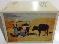 HEDİYE KARTPOSTALI, ÇİFT YAPRAK, RESSAM HAKKI İNAN'IN 1989'DA RESMETTİĞİ SAMANLAR ARASINDA ÖKÜZLER VE KÖY KADINLARI, ARKASI YAZILMAMIŞ, RENKLİ, 12 X 17 CM EBADINDA - 1940'LAR, 1950'LER, 1960'LAR, 1970'LER 1980'LER