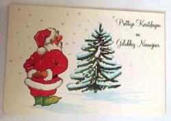 HEDİYE KARTPOSTALI, ÇİFT YAPRAK, FRANSIZCA YENİ YIL KUTLAMA KARTI, NOEL BABA VE KARLI ÇAM AĞACI ÇİZİMİ, İÇİ YAZILI, RENKLİ, 15 X 11 CM EBADINDA - 1940'LAR, 1950'LER, 1960'LAR, 1970'LER 1980'LER