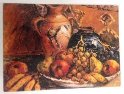 HEDİYE KARTPOSTALI, ÇİFT YAPRAK, TÜRKİYE İŞ BANKASI BAYRAM TEBRİK KARTI, İBRAHİM ÇALLI'NIN ''MEYVELER'' ADLI ESERİ, ARKASI YAZILMAMIŞ, RENKLİ, 16 X 12 CM EBADINDA - 1940'LAR, 1950'LER, 1960'LAR, 1970'LER 1980'LER