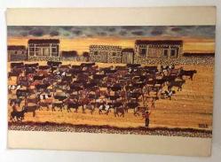 HEDİYE KARTPOSTALI, ÇİFT YAPRAK, YALÇIN GÖKÇEBAĞ'IN ''ÇOCUK VE SÜRÜSÜ'' ADLI SULUBOYA RESMİ, ARKASI YAZILMAMIŞ, RENKLİ, 15 X 12 CM EBADINDA - 1940'LAR, 1950'LER, 1960'LAR, 1970'LER 1980'LER