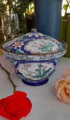 Antika art nouveau bakır mineli çiçekli kapaklı vazo şekerlik