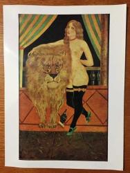 ÇİZİM & SANAT KARTPOSTALI, EN ÖZEL GÜNLER İÇİN HEDİYE VE TEBRİK KARTINIZ - BÜYÜK BOY, JAPON-FRANSIZ RESSAM TSUGUHARU FOUJITA'NIN 1930'DA RESMETTİĞİ ''ASLAN TERBİYECİSİ'' ESERİ, ERKEK ASLAN VE ÇIPLAK KADIN, ARKASI YAZILMAMIŞ, RENKLİ, 15 X 20 CM EBADINDA - 1940'LAR, 1950'LER, 1960'LAR, 1970'LER 1980'LER