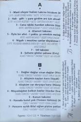Atatürk'ün Sevdiği Şarkılar ve Türküler Kaseti, mani oluyor halimi talrire hicabım, hab-gah-yare girdim arz için avhalimi, cana rakibi handan edersin, klarnet taksimi, öyle bir afet, ud taksimi, şahane gözler şahane, dağlar dağlar viran dağlar, alişimin kaşları kara