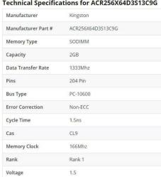 2 Adet KINGSTON ACR256X64D3S13C9G 2 GB 1333 DDR3 Notebook RAM (İkinci El ,Sorunsuz )