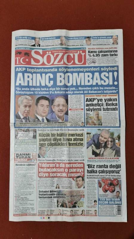 Sözcü Gazete 6 Mart 2019 Arınç Bombası Ali Babacan Mehmet Özhaseki  