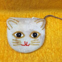 VINTAGE ELYAPIMI BONCUKLU KEDİ YÜZÜ FORMLU FERMUARLI CÜZDAN